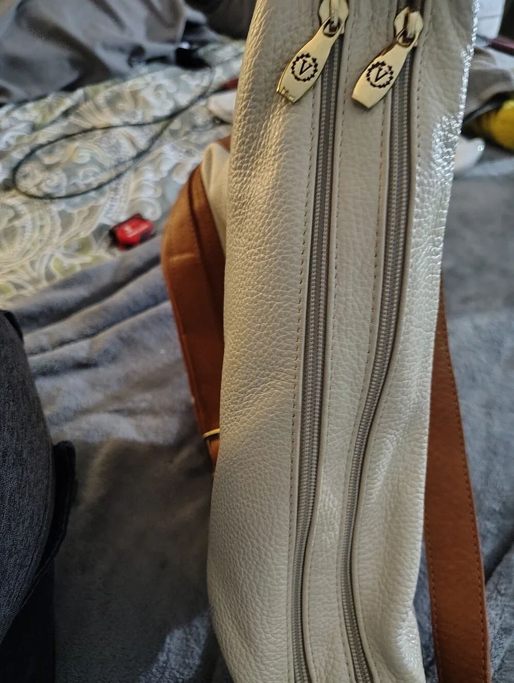 Valentina Cream and Brown Leather Shoulder Bag with Gold Plate